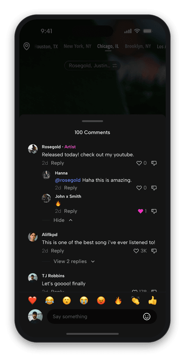 Comments on a song in the Songcry feed