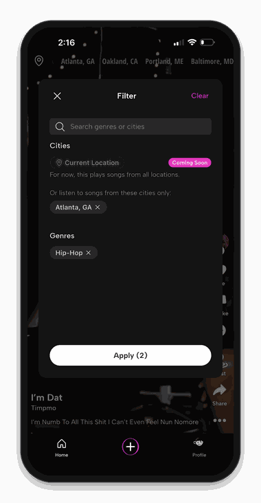 Filtering the Songcry feed by city and genre