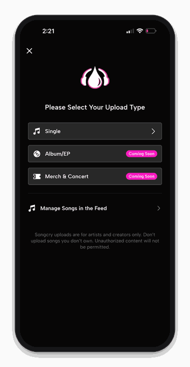 Choosing a track to upload in Songcry
